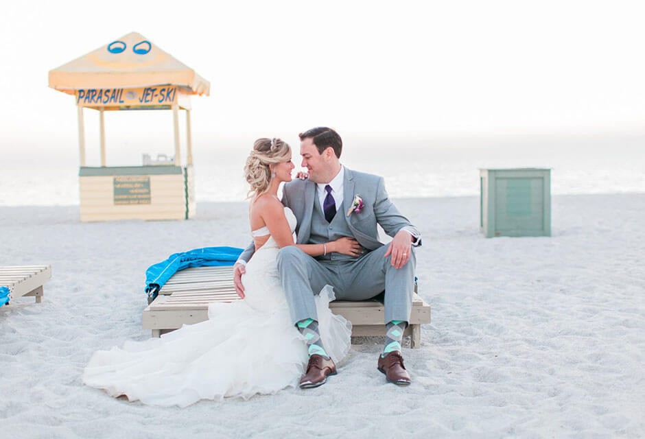 bride and groom on beach