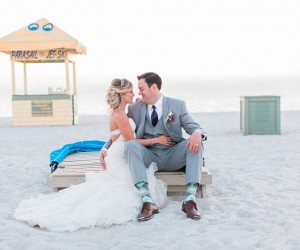 bride and groom on beach